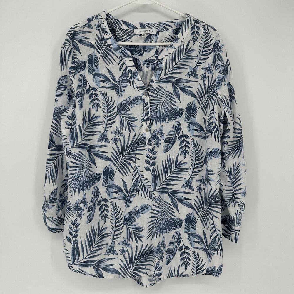 Emily Daniels Womens 1X Blue Tropical Floral Linen Rayon Button Front Tunic Top